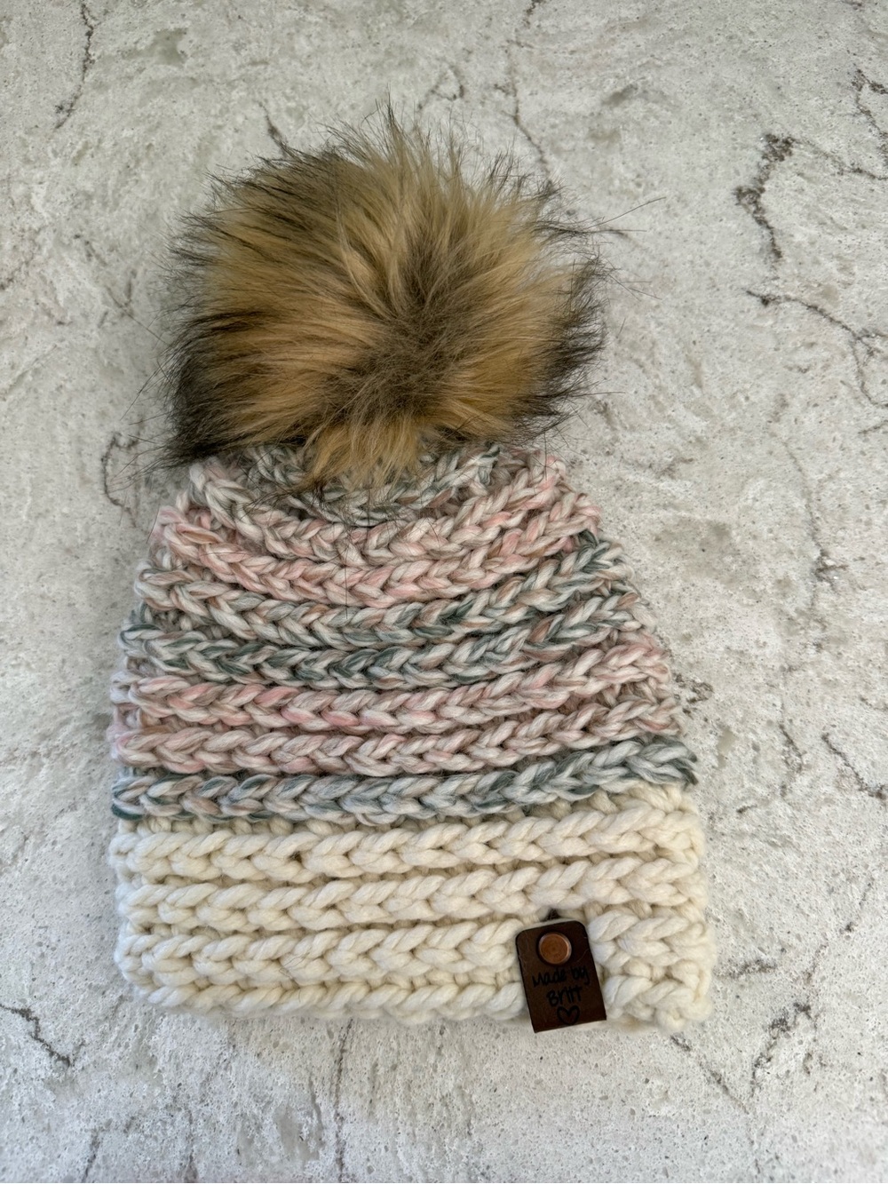Toddler Chunky Crochet with Removal Pom Beanie in Light Pink, Green & Cream